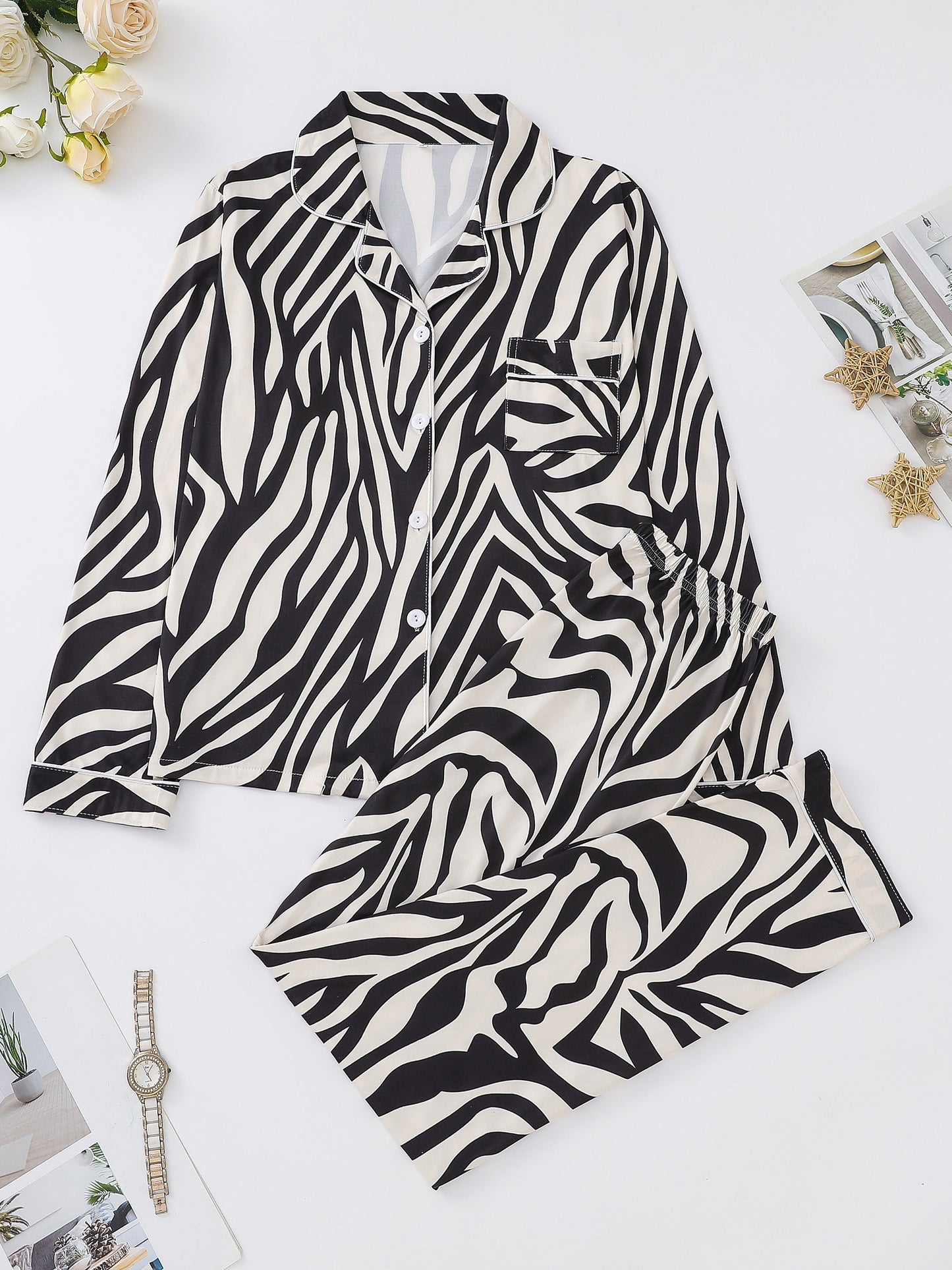 Elegant Zebra Stripe Women's Pajama Set - Soft Long Sleeve Button-Up Top & Comfy Elastic Waist Pants, Machine Washable