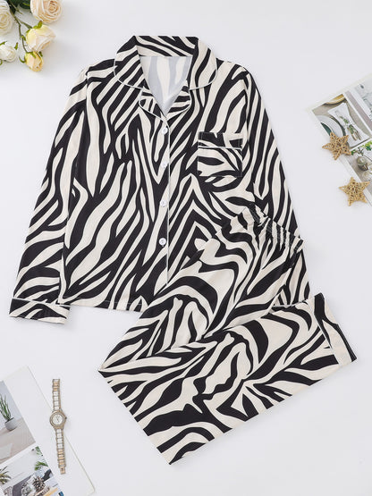 Elegant Zebra Stripe Women's Pajama Set - Soft Long Sleeve Button-Up Top & Comfy Elastic Waist Pants, Machine Washable