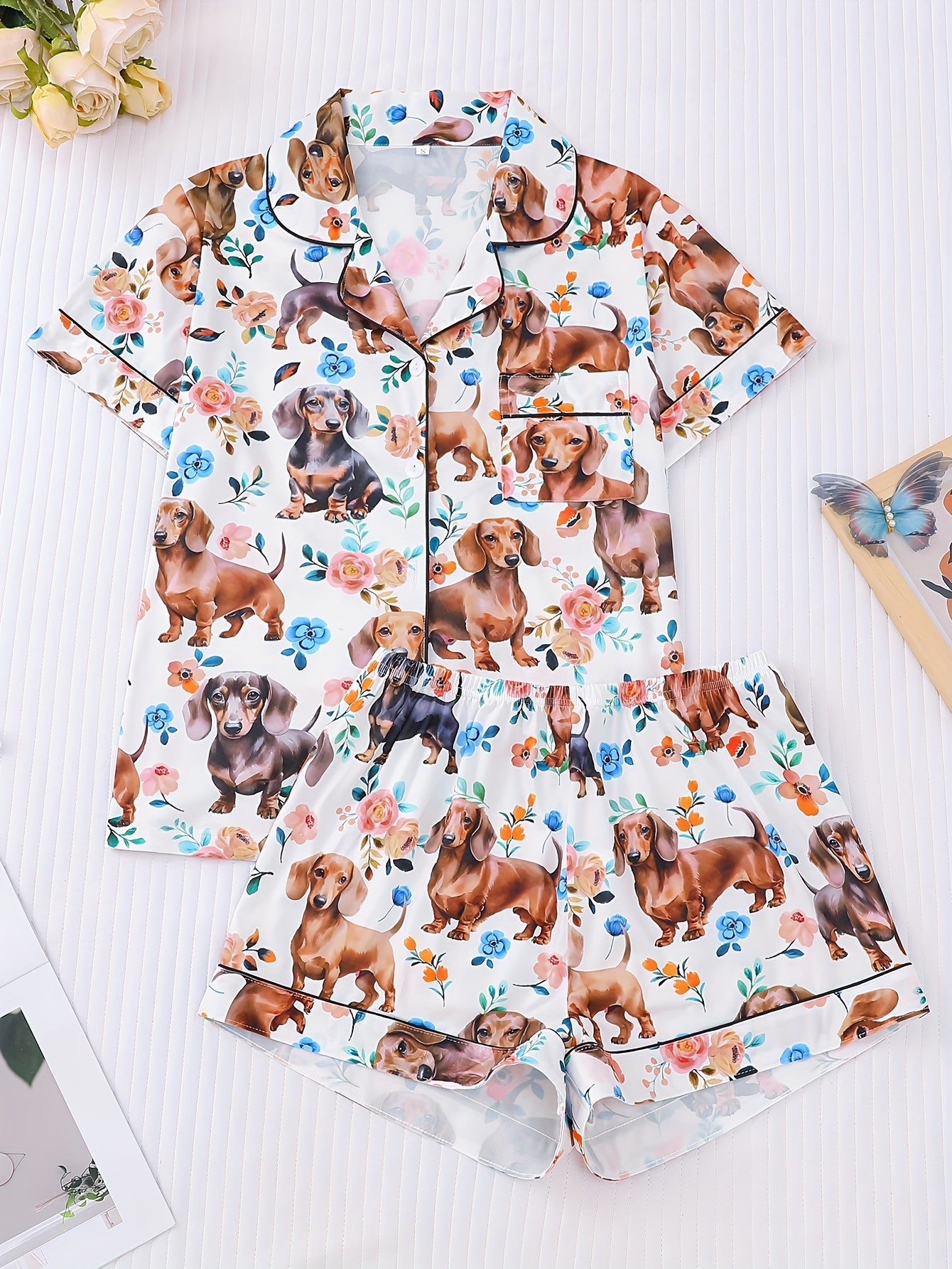 2pcs set of cute puppy print Women's pajamas, short-sleeved shirt with turned collar and button top and loose elastic shorts, comfortable ' sleepwear and loungewear for leisure outdoor use at home