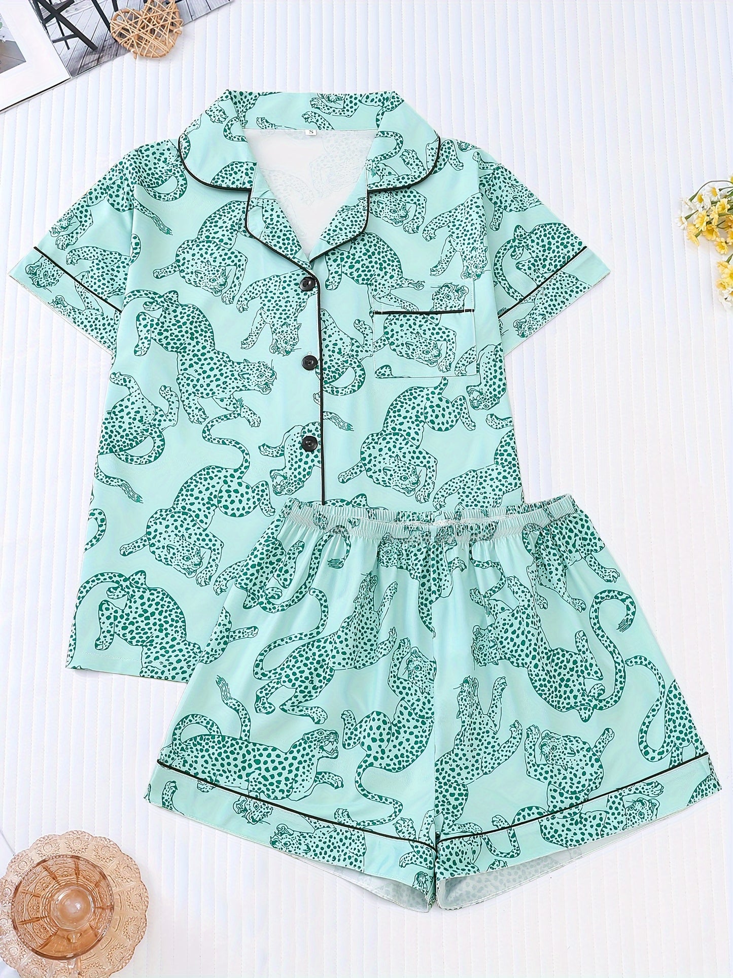 Women's Leopard Print Casual Pajama Set, Short Sleeve Buttons Lapel Top & Shorts, Comfortable Relaxed Fit, Summer Nightwear