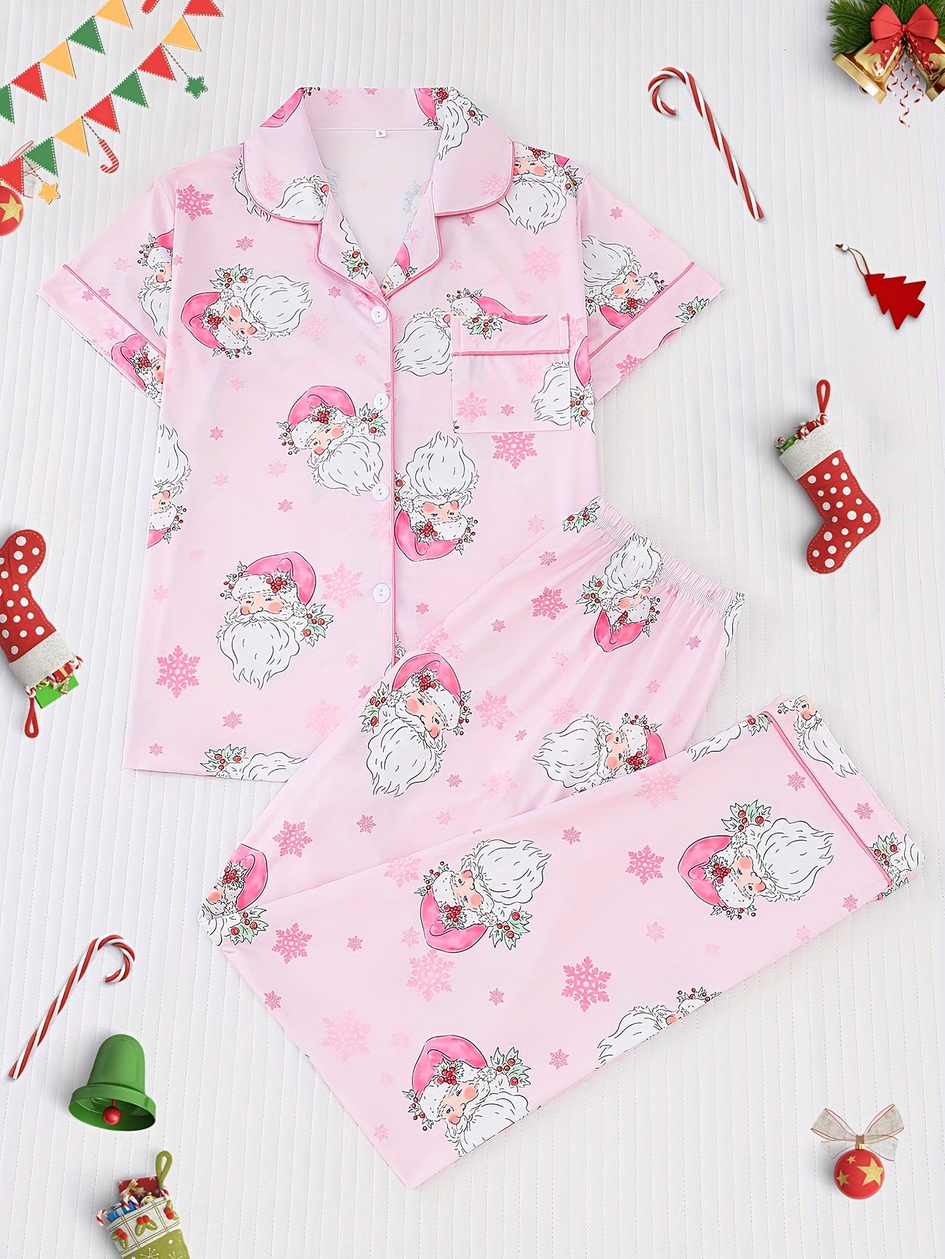 Christmas Santa Claus and Snowflake Print Women's Pajama Set, Short Sleeve Shirt with Turnover Collar Button Top and Loose Elastic Pants, Casual Outdoor Comfortable Home Sleepwear and Loungewear