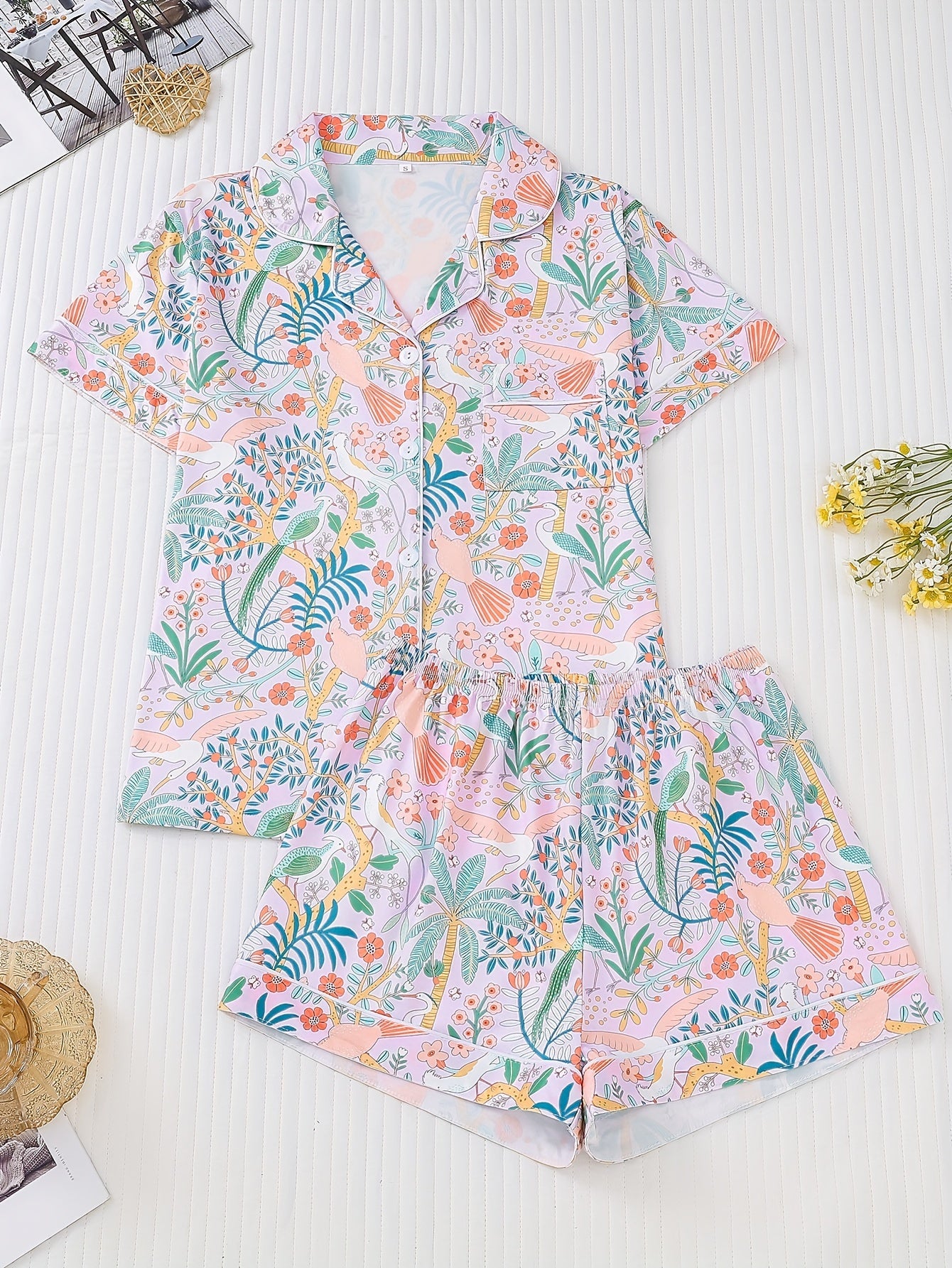 Short Sleeve Allover Floral Women's Pajama Set, Button Up Lapel Collar Top & Elastic Shorts Sleepwear