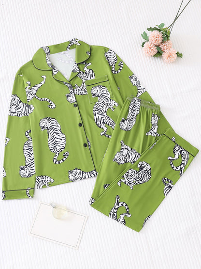 Casual Tiger Print Pajama Set, Long Sleeve Button Up Lapel Collar Top & Elastic Pants, Women's Sleepwear & Loungewear for fall/ winter