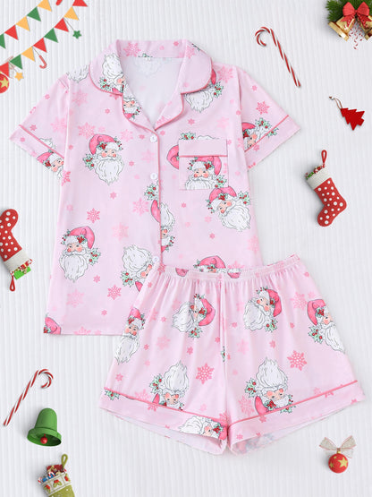 Women's Cute Santa Print Pajama Set, Short Sleeve Buttons Lapel Top & Shorts, Comfortable Relaxed Fit For Christmas