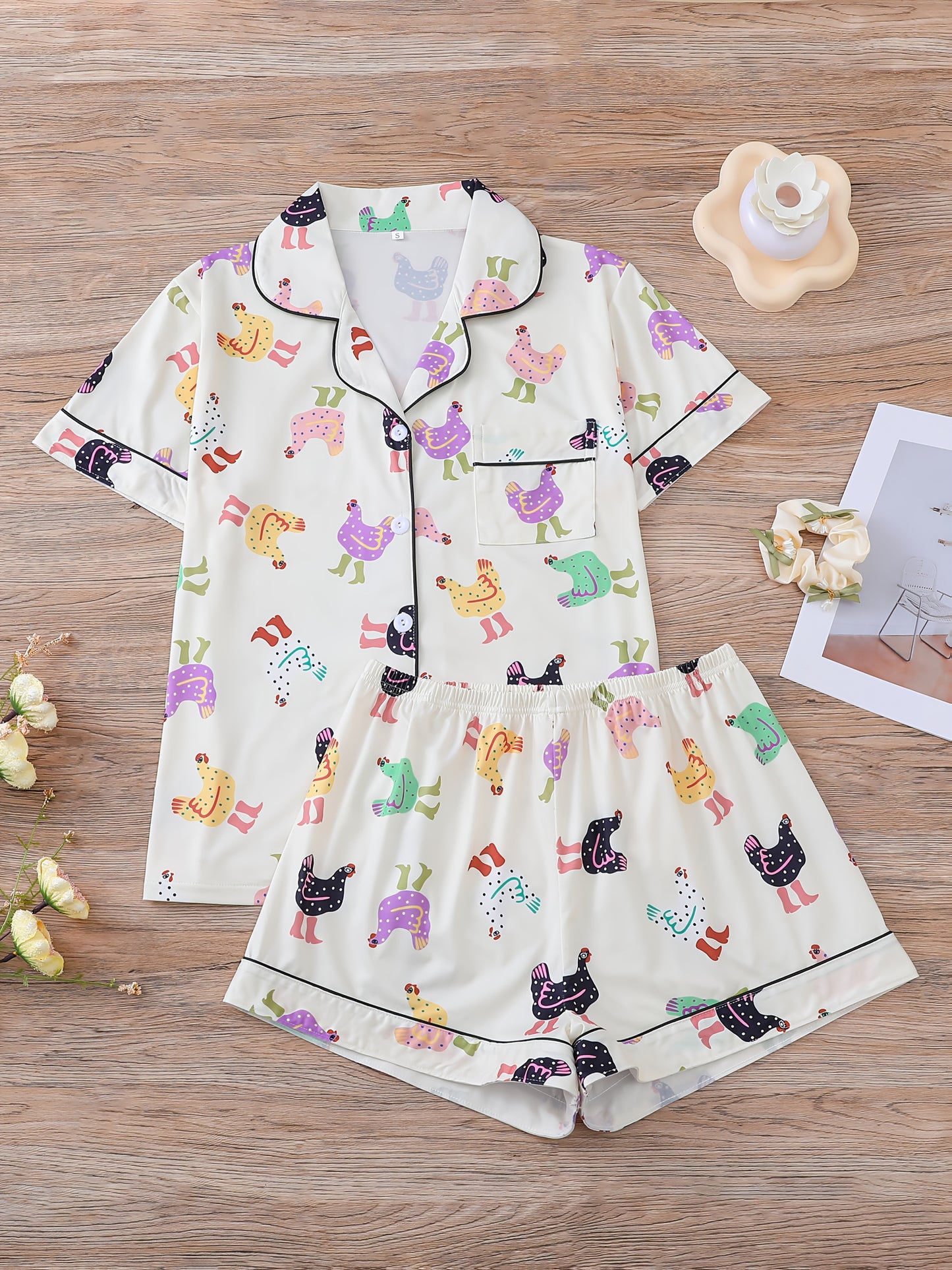 Cute Rooster Pajama 2pcs Women's Cute Rooster Print Pajama Set - Short Sleeve Shirt with Lapel Collar and Button Placket, Loose-Fit Elastic Shorts, Casual Knit Fabric Sleepwear, Polyester 95%, Elastane 5%, All-Season Comfort, 150g/m² - Animal Patterned