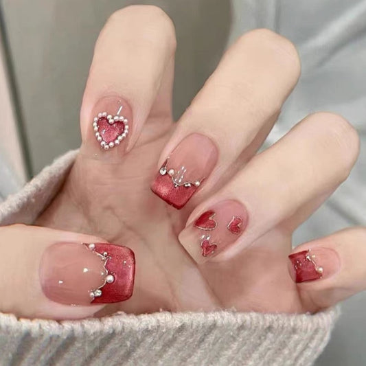 Burgundy Sweetheart Pearl French Manicure with Cat Eye Finish | False Nails | DIY nails, easy to apply nails, elegant nails, fake nails, False Nails, fashion nails, Handmade fake nails, Handmade False Nails, handmadefalsenails, High-Grade False Nails, luxury false nails, luxurynails, nails, Party nails., press on nails, special occasion nails, Unique False Nails, wedding nails | SHOPQAQ