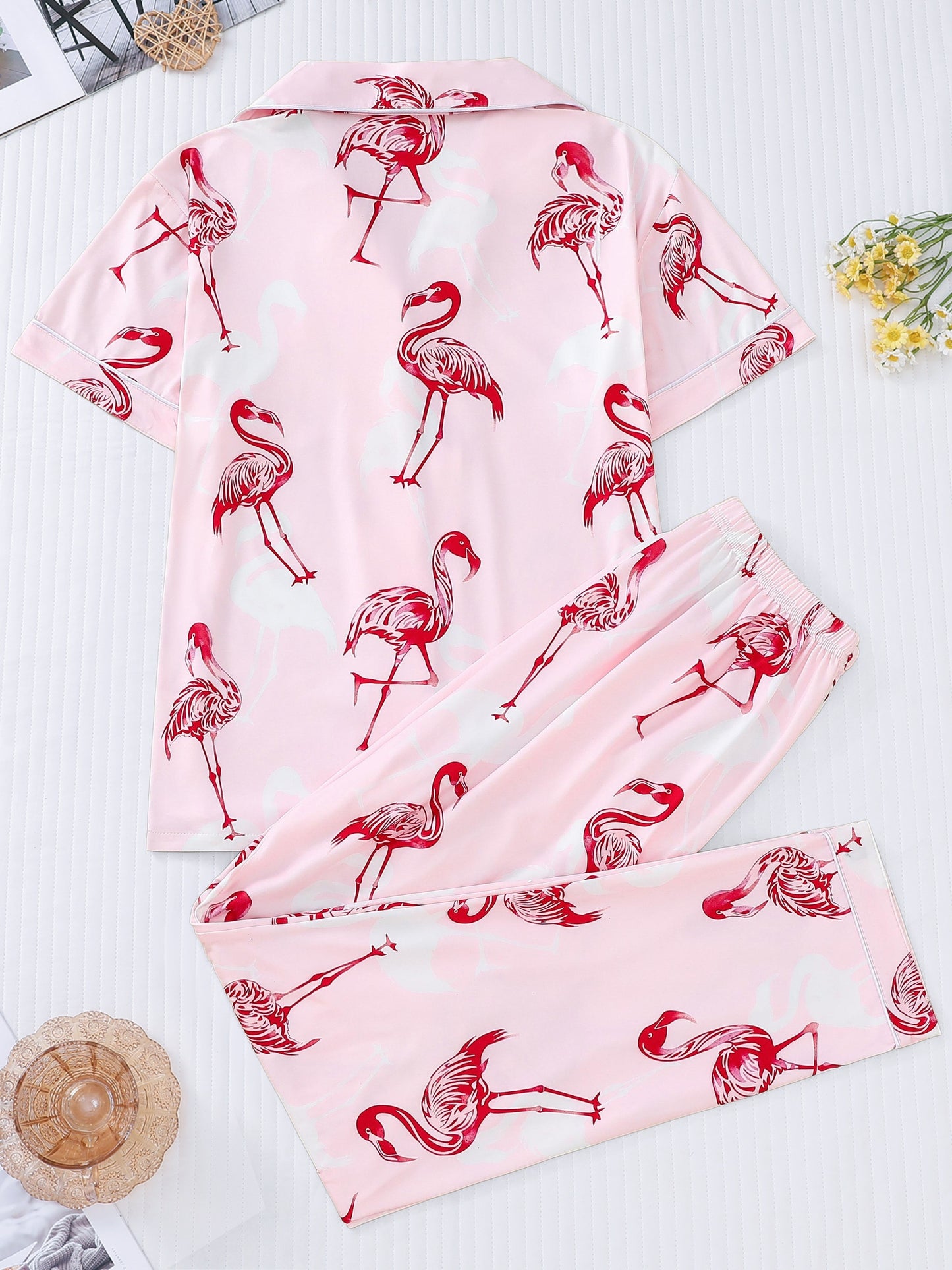 Vibrant Flamingo Print Short Sleeve Pajama Set - Soft Micro Elastic Polyester Fabric, Elegant Lapel Collar Top, Cozy Elastic Pants, Machine Washable, All-Season Sleepwear & Loungewear for Women