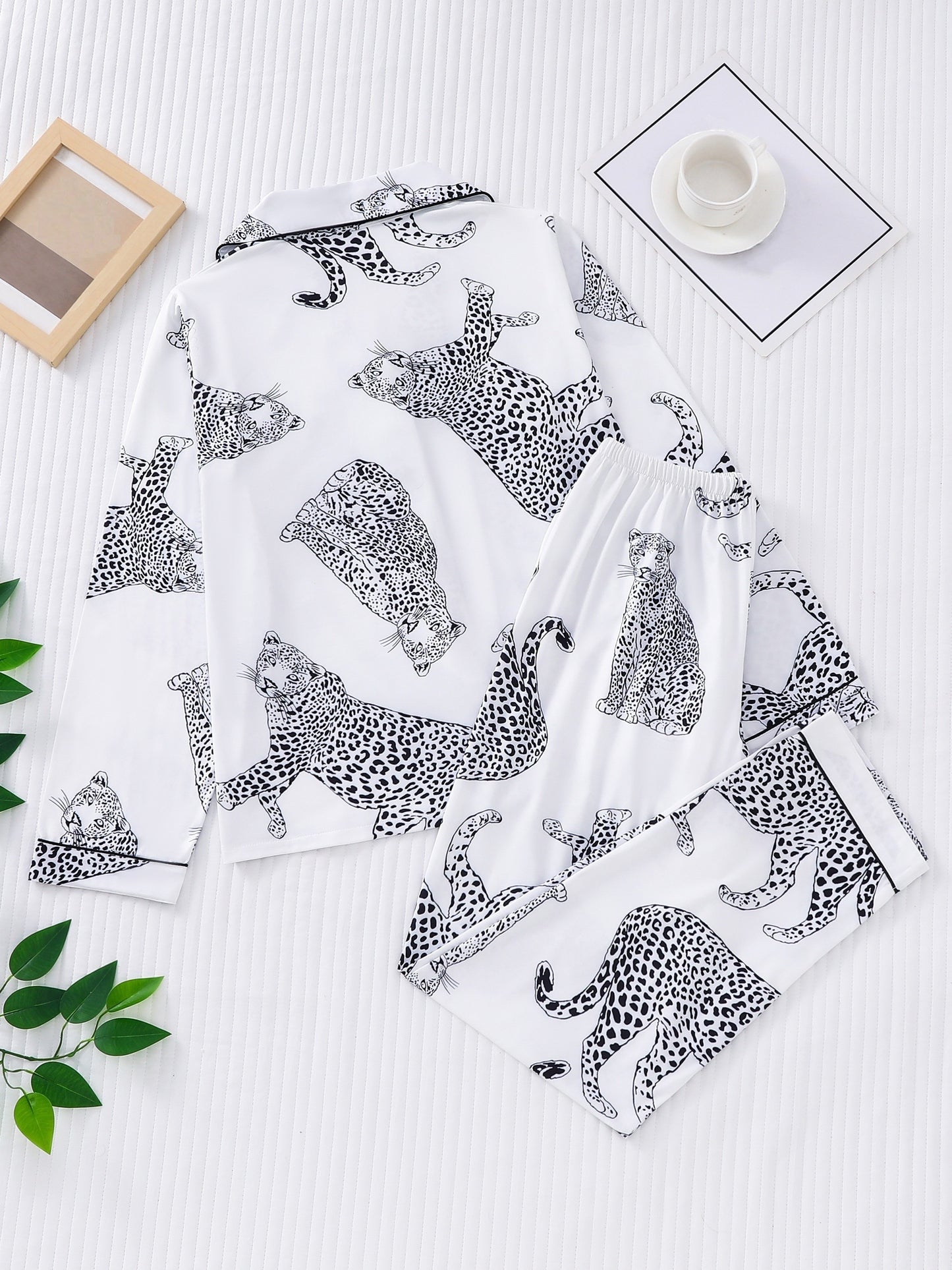 Cozy Animal Print Pajama Set - Soft Polyester Long Sleeve Button Up Top and Elastic Waistband Pants for Women - Comfortable Sleepwear and Loungewear for All Seasons