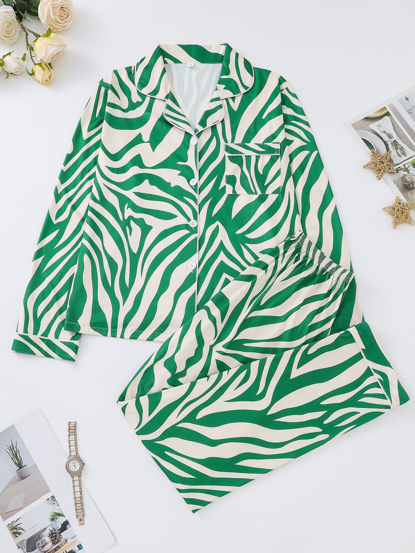 Elegant Zebra Stripe Women's Pajama Set - Soft Long Sleeve Button-Up Top & Comfy Elastic Waist Pants, Machine Washable