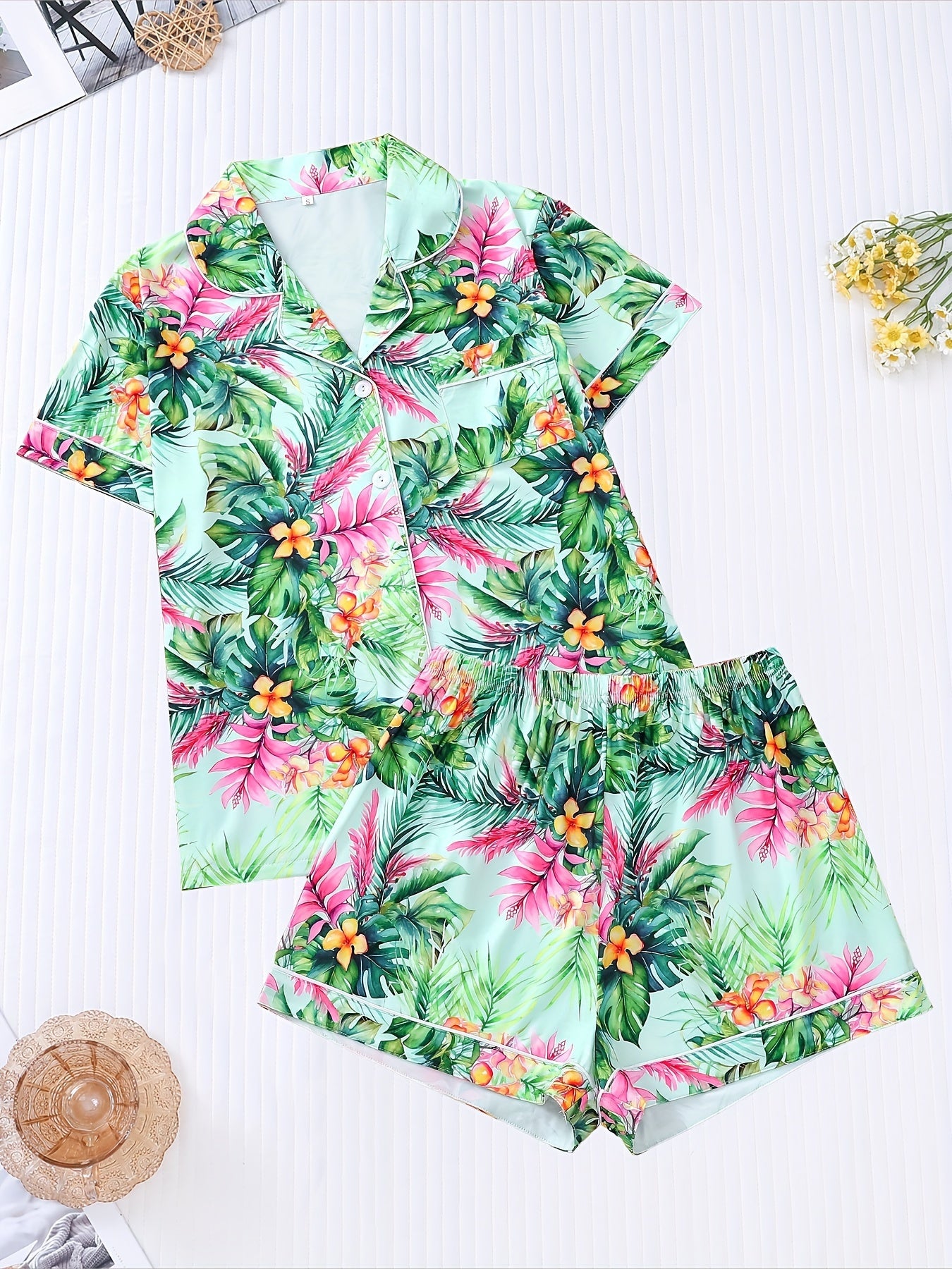 Short Sleeve Tropical Print Women's Casual Pajama Set, Button Up Lapel Collar Top & Elastic Shorts Sleepwear