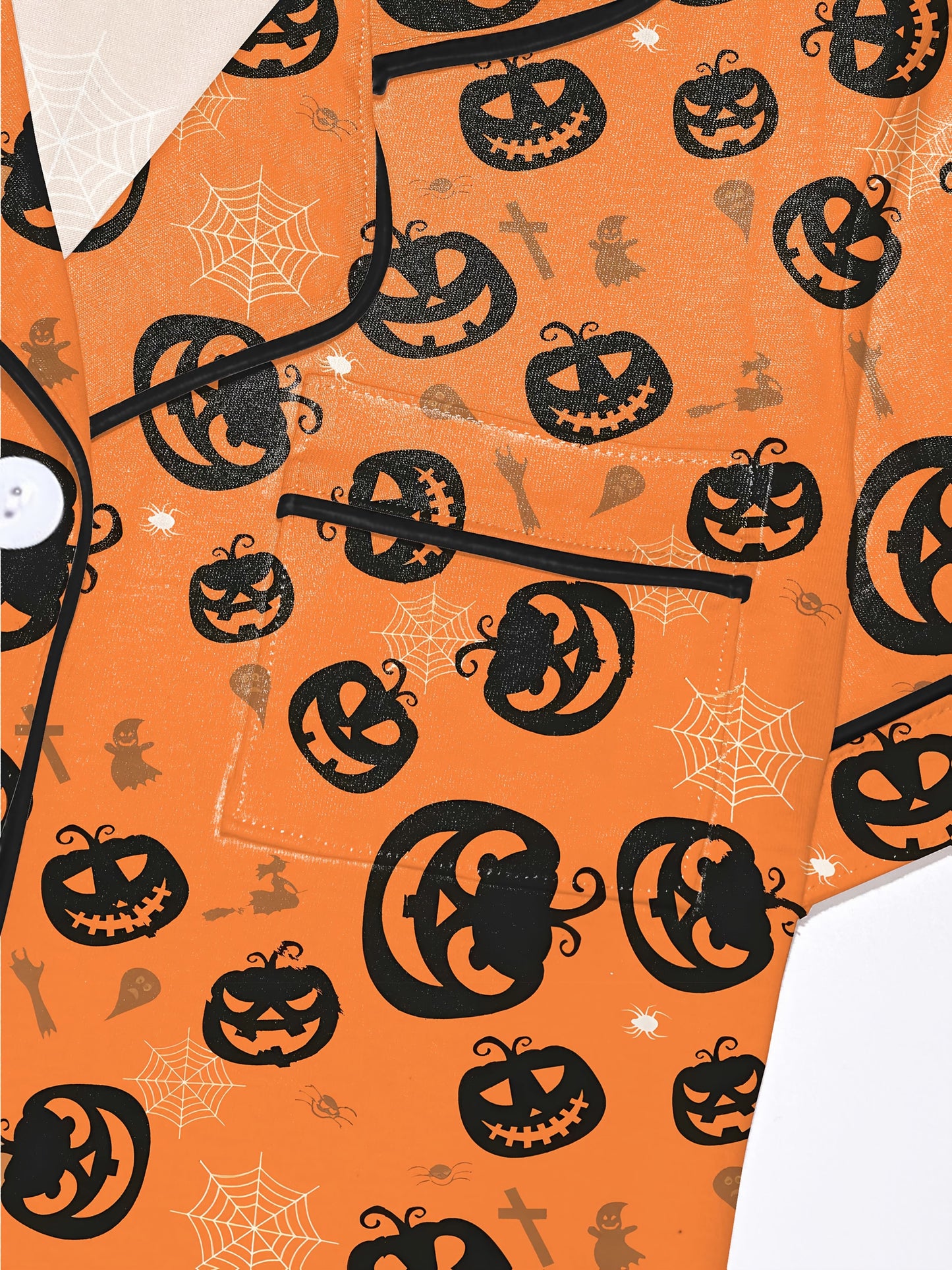 Warm pumpkin modal short‑sleeve pajama set with jack‑o‑lantern and spiderweb print — button top and elastic waist shorts with black piping