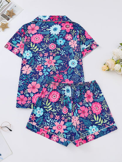 Comfortable Relaxed Fit Women's Floral Print Casual Pajama Set, Short Sleeve Buttons Lapel Top & Shorts