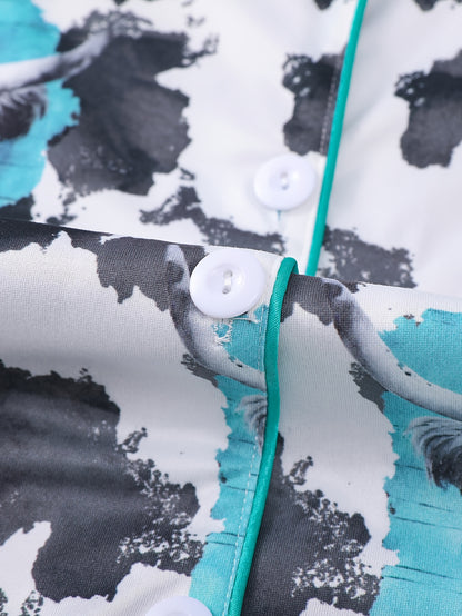 2pcs Women's Pajama Set - Animal Cow Ink Style, Short-Sleeved, Comfortable, Loose Elastic Shorts for Leisure & Home