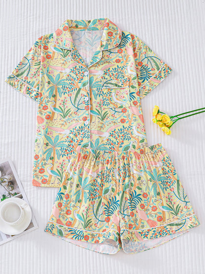 Short Sleeve Allover Floral Women's Pajama Set, Button Up Lapel Collar Top & Elastic Shorts Sleepwear