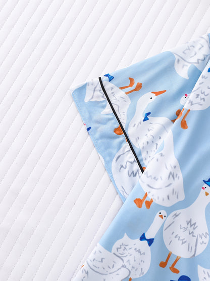 Light blue goose print satin-look pajama set with piped trim, short sleeve button top and elastic waist shorts in silky stretch fabric — 95% Polyester/5% Elastane