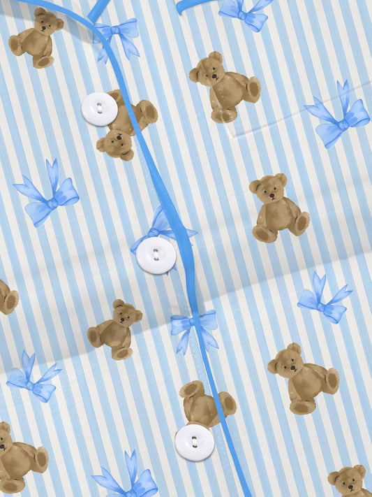 Light blue striped modal pajama set with teddy bear and bow print — short-sleeve button-up top and elastic waist shorts with piping