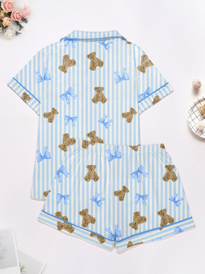 Light blue striped modal pajama set with teddy bear and bow print — short-sleeve button-up top and elastic waist shorts with piping