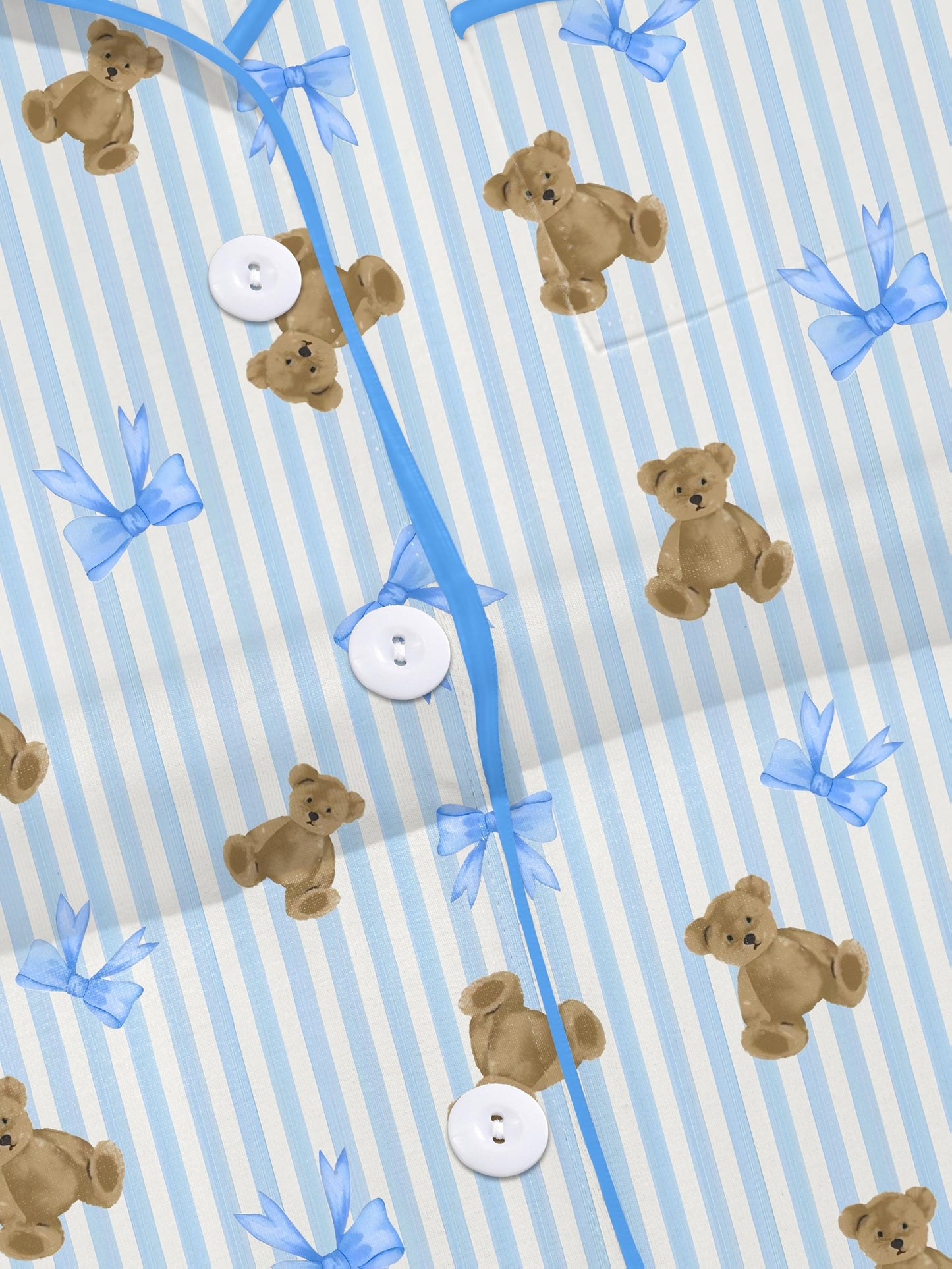 Light blue striped modal pajama set with teddy bear and bow print — short-sleeve button-up top and elastic waist shorts with piping