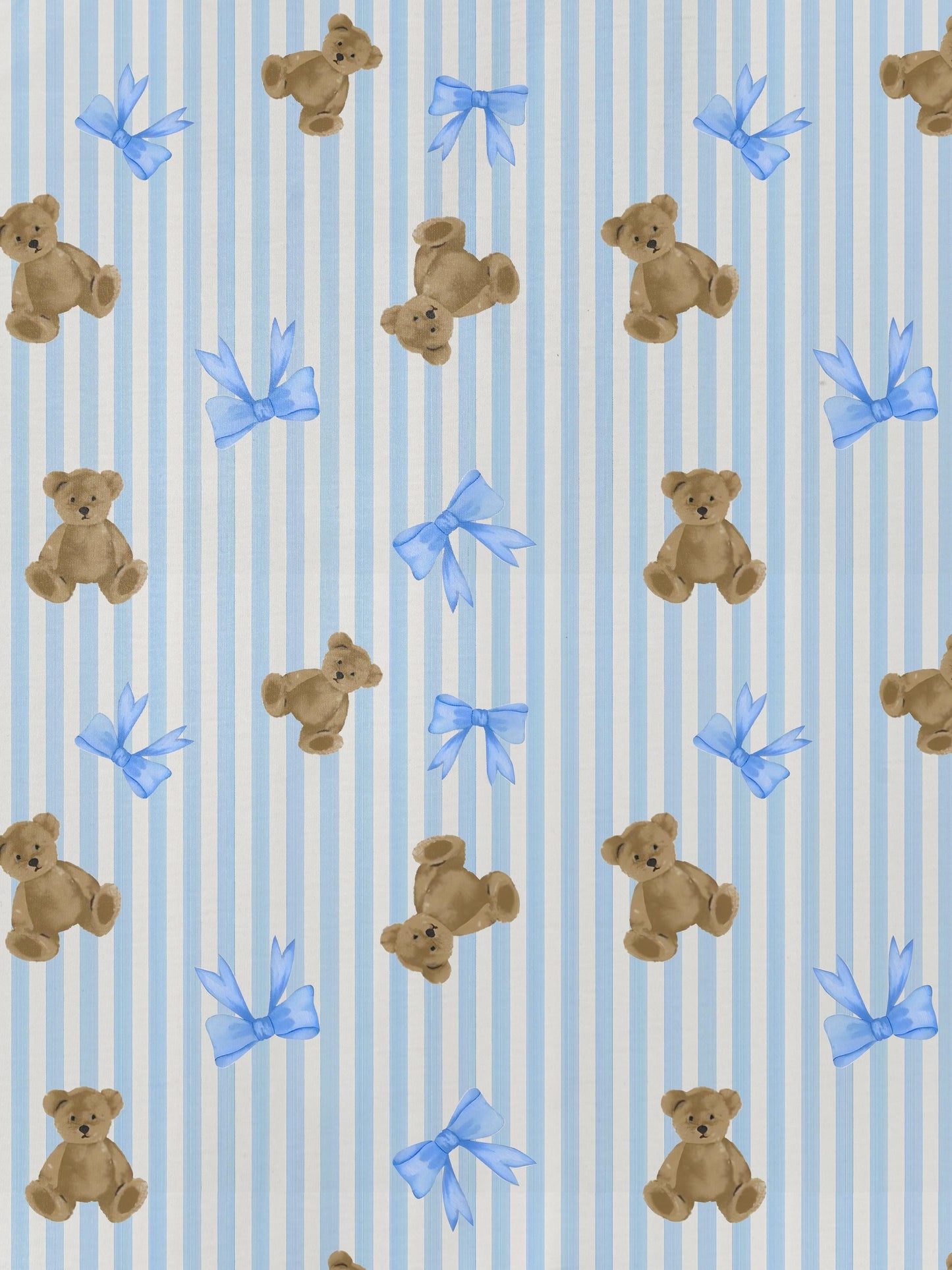 Light blue striped modal pajama set with teddy bear and bow print — short-sleeve button-up top and elastic waist shorts with piping