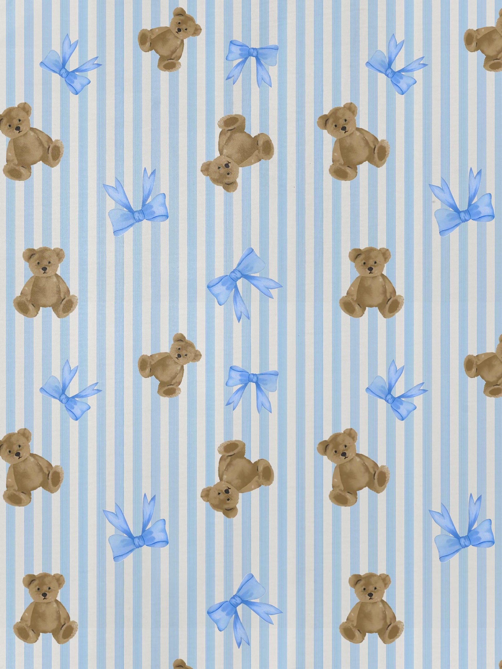 Light blue striped modal pajama set with teddy bear and bow print — short-sleeve button-up top and elastic waist shorts with piping