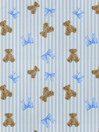 Light blue striped modal pajama set with teddy bear and bow print — short-sleeve button-up top and elastic waist shorts with piping