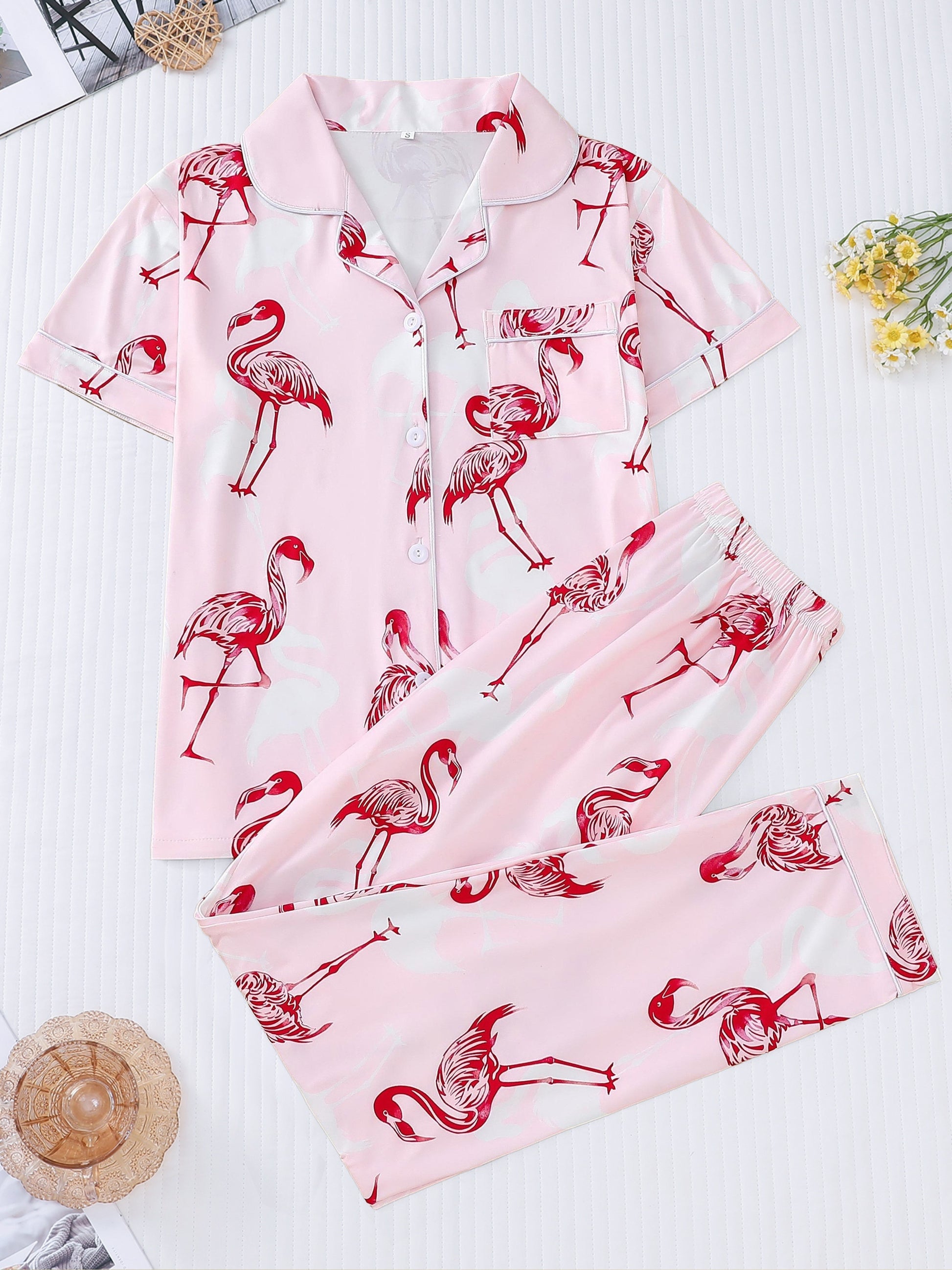 Blush satin-look pajama set with red flamingo print — short-sleeve button-up top with chest pocket and elastic waist pants, 95% Polyester/5% Elastane