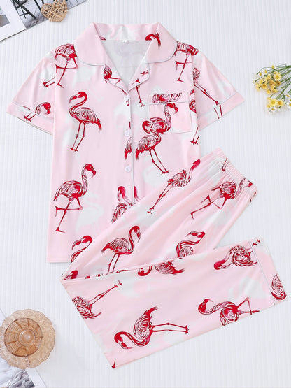 Blush satin-look pajama set with red flamingo print — short-sleeve button-up top with chest pocket and elastic waist pants, 95% Polyester/5% Elastane