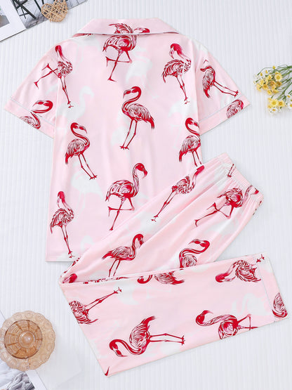 Blush satin-look pajama set with red flamingo print — short-sleeve button-up top with chest pocket and elastic waist pants, 95% Polyester/5% Elastane