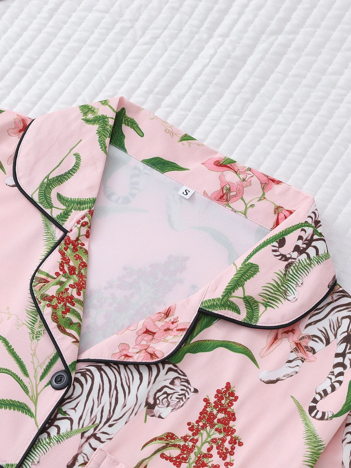 Blush satin-look short pajama set with tiger and botanical print — button-up short-sleeve top with chest pocket and elastic waist shorts, 95% Polyester/5% Elastane