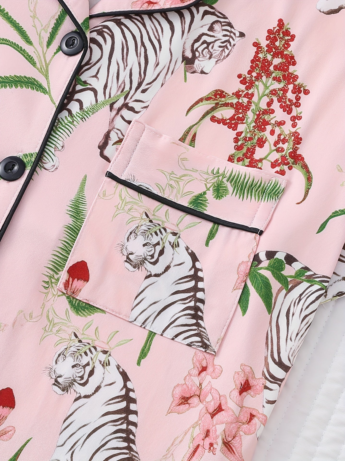 Blush satin-look short pajama set with tiger and botanical print — button-up short-sleeve top with chest pocket and elastic waist shorts, 95% Polyester/5% Elastane