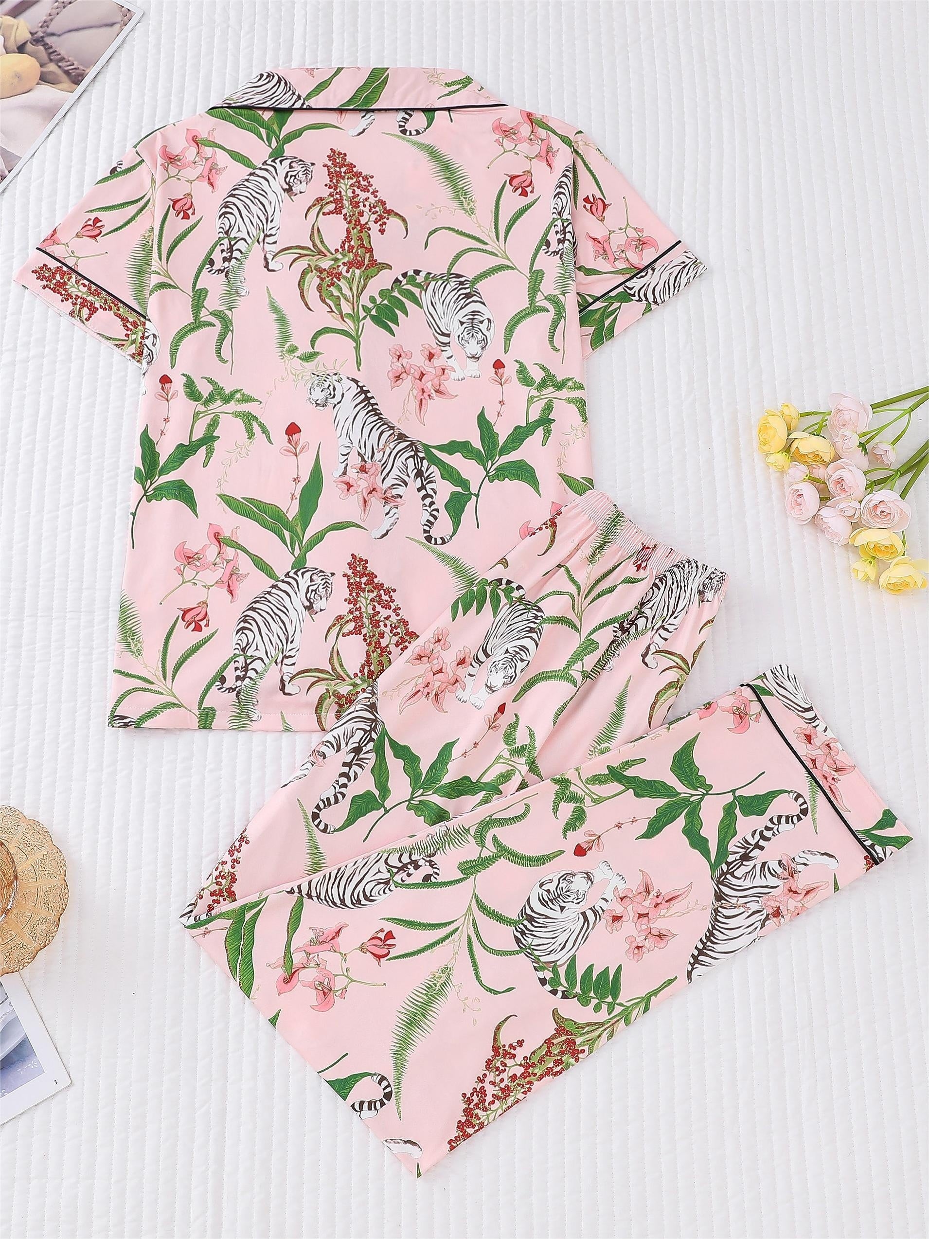 Blush satin-look short pajama set with tiger and botanical print — button-up short-sleeve top with chest pocket and elastic waist shorts, 95% Polyester/5% Elastane