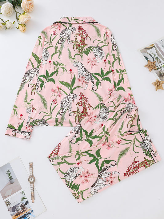 Blush satin-look pajama set with white tiger and green foliage print — long-sleeve button-up top with chest pocket and elastic waist pants, 95% Polyester/5% Elastane