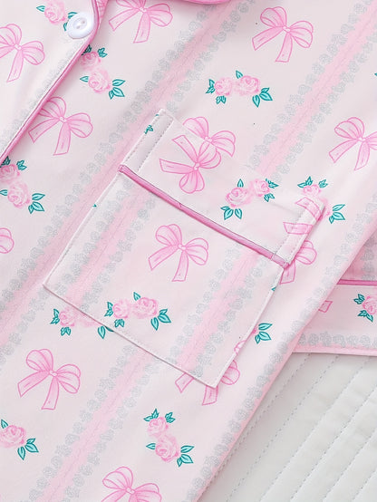 Blush satin-look short pajama set with pink ribbon and rose print, button-up short-sleeve top and elastic waist shorts, 95% Polyester/5% Elastane — lightweight and silky