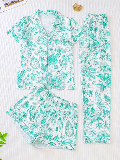 White satin-look pajama set with pink toile floral print — short-sleeve button-up top with chest pocket, elastic waist shorts and full-length pants, 95% Polyester/5% Elastane