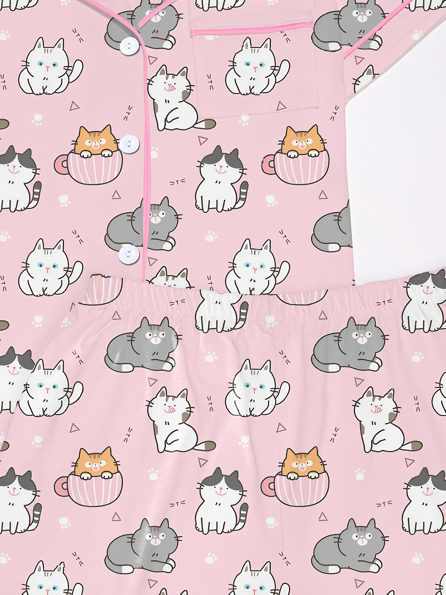 Blush modal short‑sleeve pajama set with playful cat doodle print — button top with notch collar and elastic waist shorts with pink piping