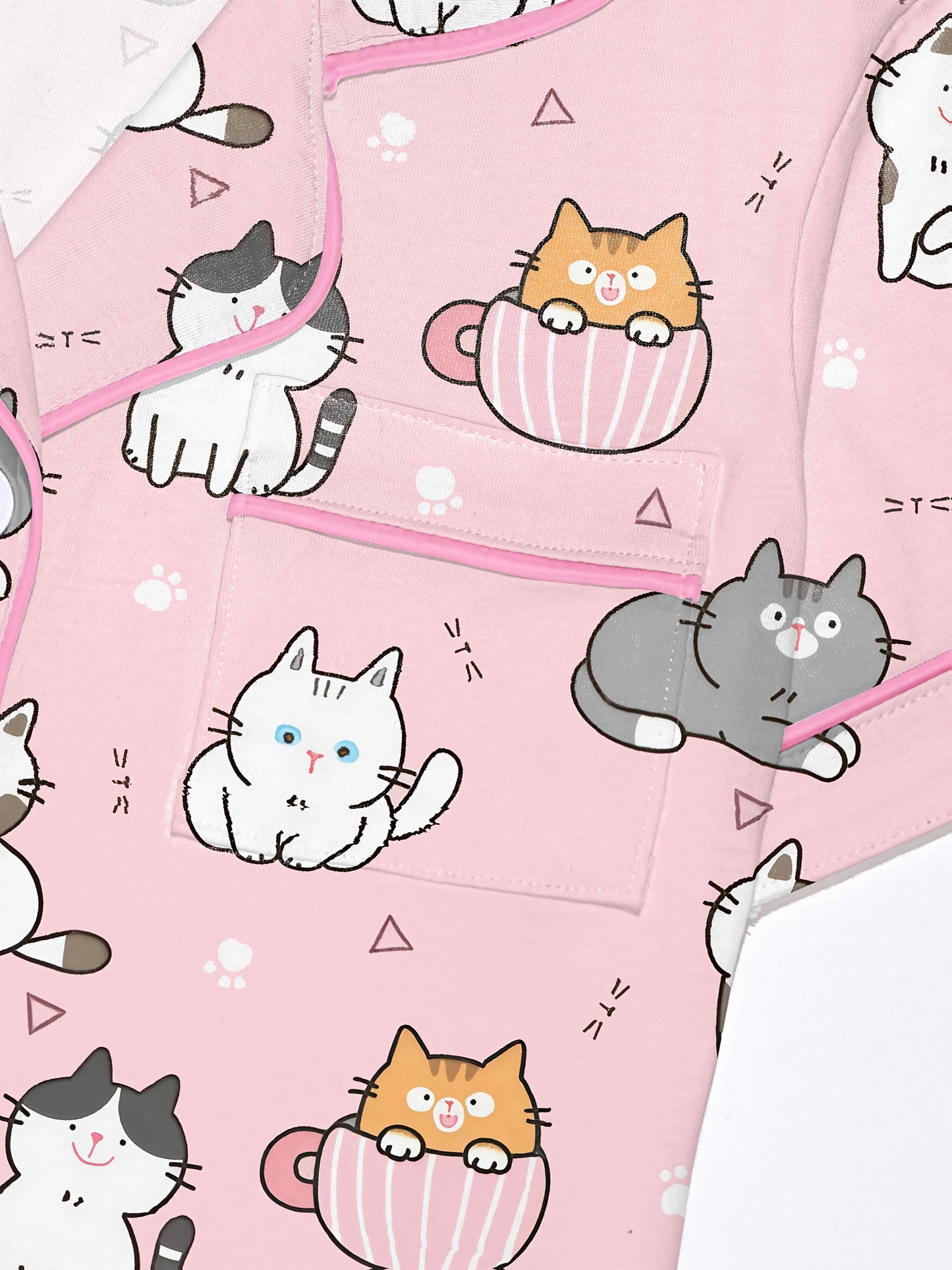 Blush modal short‑sleeve pajama set with playful cat doodle print — button top with notch collar and elastic waist shorts with pink piping