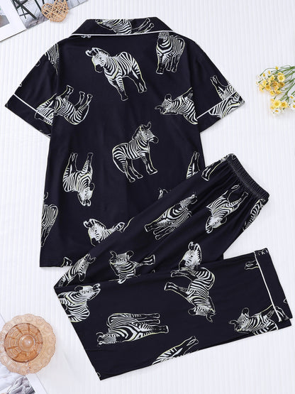Stylish Zebra Print Womens Pajama Set - Short Sleeve Button Up Top with Lapel Collar & Elastic Waist Pants - Soft Sleepwear & Loungewear for Casual Comfort