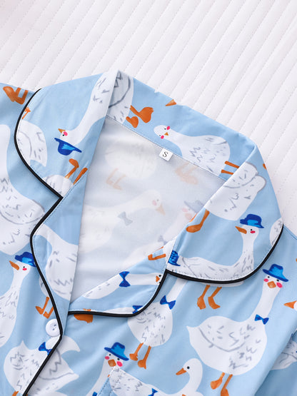 2pcs Cute Duck Print Women's Pajama Set - Short Sleeve Button-Up Shirt with Collar and Elastic Waist Shorts, Comfortable Polyester Blend Sleepwear for Home and Casual Wear