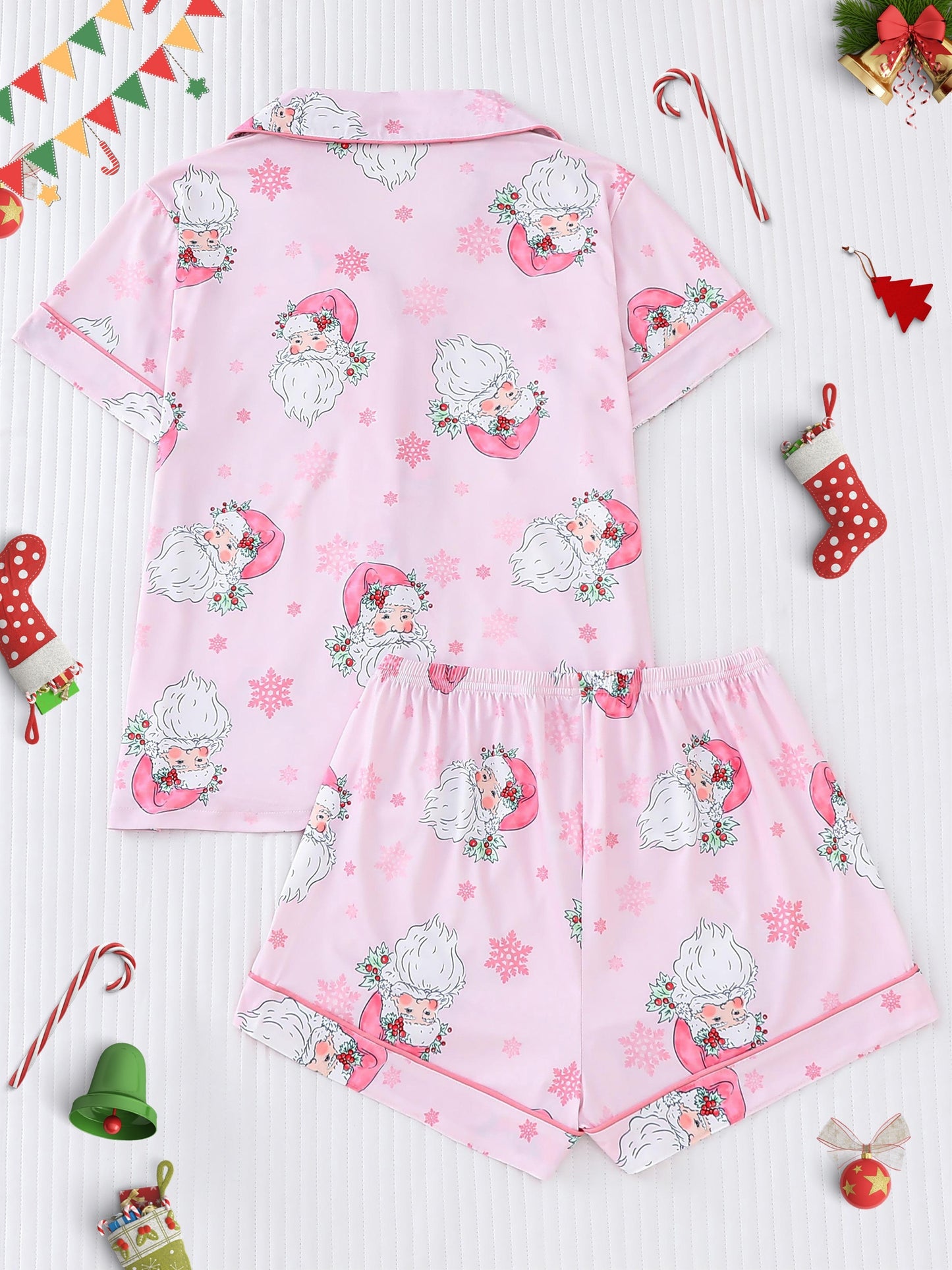 Women's Cute Santa Print Pajama Set, Short Sleeve Buttons Lapel Top & Shorts, Comfortable Relaxed Fit For Christmas