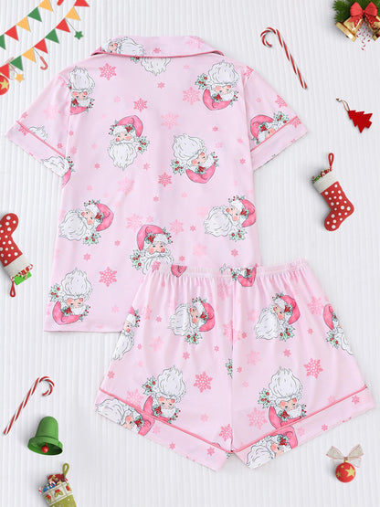 Women's Cute Santa Print Pajama Set, Short Sleeve Buttons Lapel Top & Shorts, Comfortable Relaxed Fit For Christmas