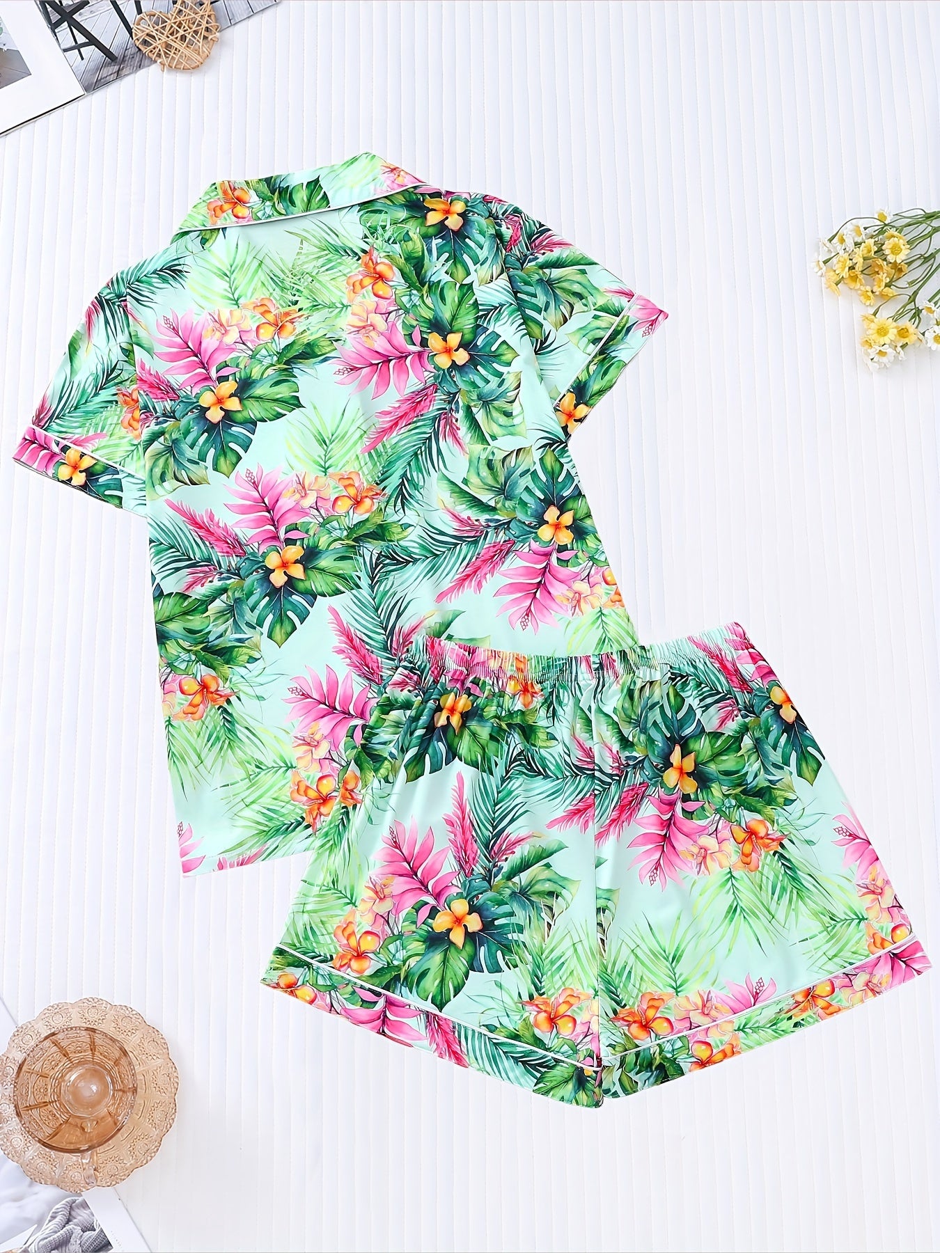 Short Sleeve Tropical Print Women's Casual Pajama Set, Button Up Lapel Collar Top & Elastic Shorts Sleepwear