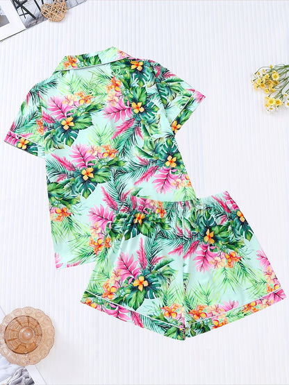 Short Sleeve Tropical Print Women's Casual Pajama Set, Button Up Lapel Collar Top & Elastic Shorts Sleepwear