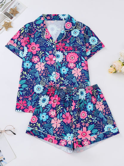 Comfortable Relaxed Fit Women's Floral Print Casual Pajama Set, Short Sleeve Buttons Lapel Top & Shorts