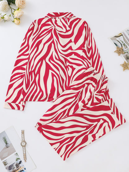 Elegant Zebra Stripe Women's Pajama Set - Soft Long Sleeve Button-Up Top & Comfy Elastic Waist Pants, Machine Washable