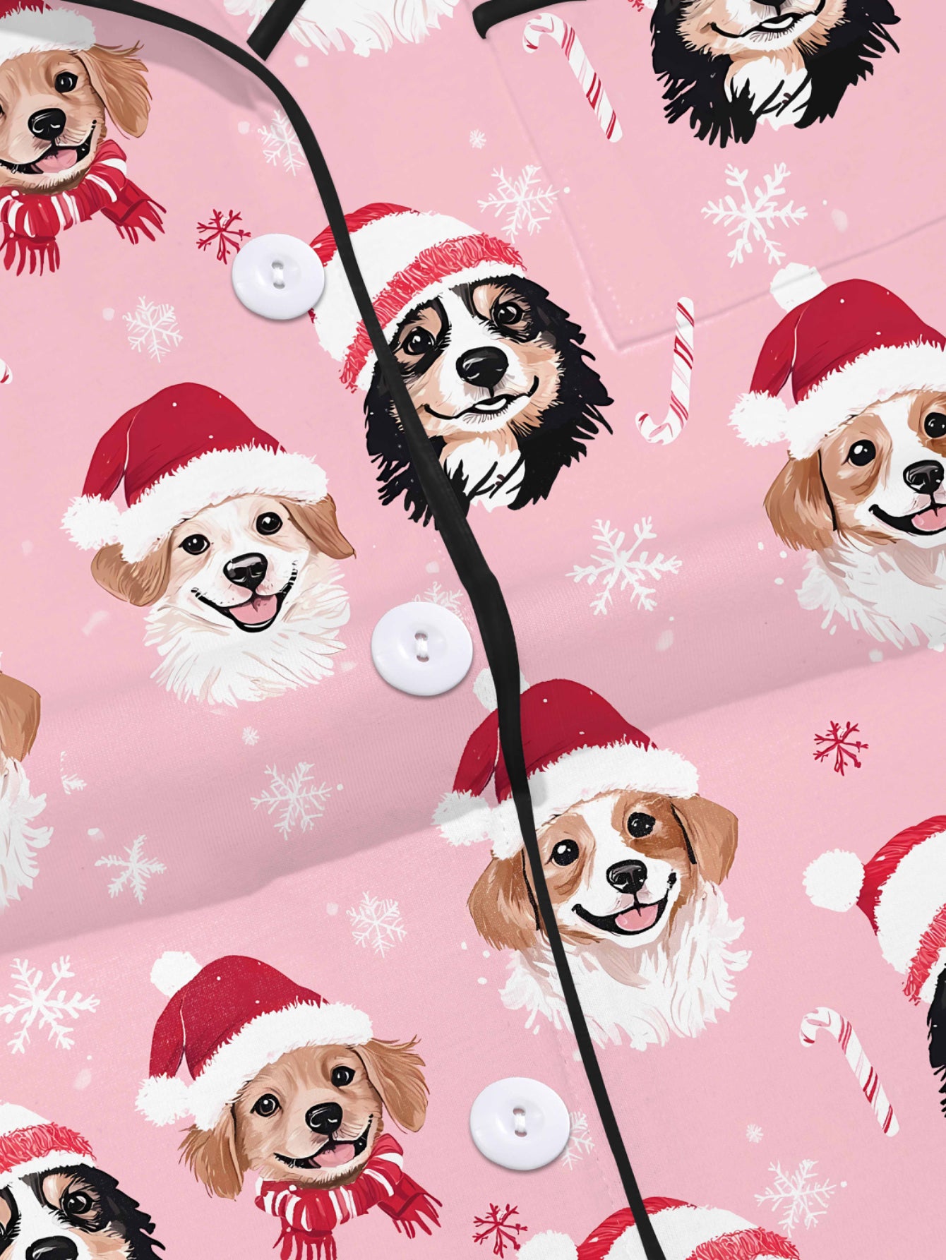 Pink holiday puppy print modal pajama set — short‑sleeve button top and elastic waist shorts with piping