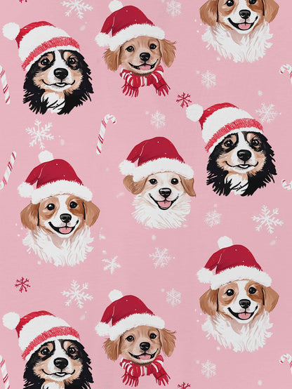 Pink holiday puppy print modal pajama set — short‑sleeve button top and elastic waist shorts with piping