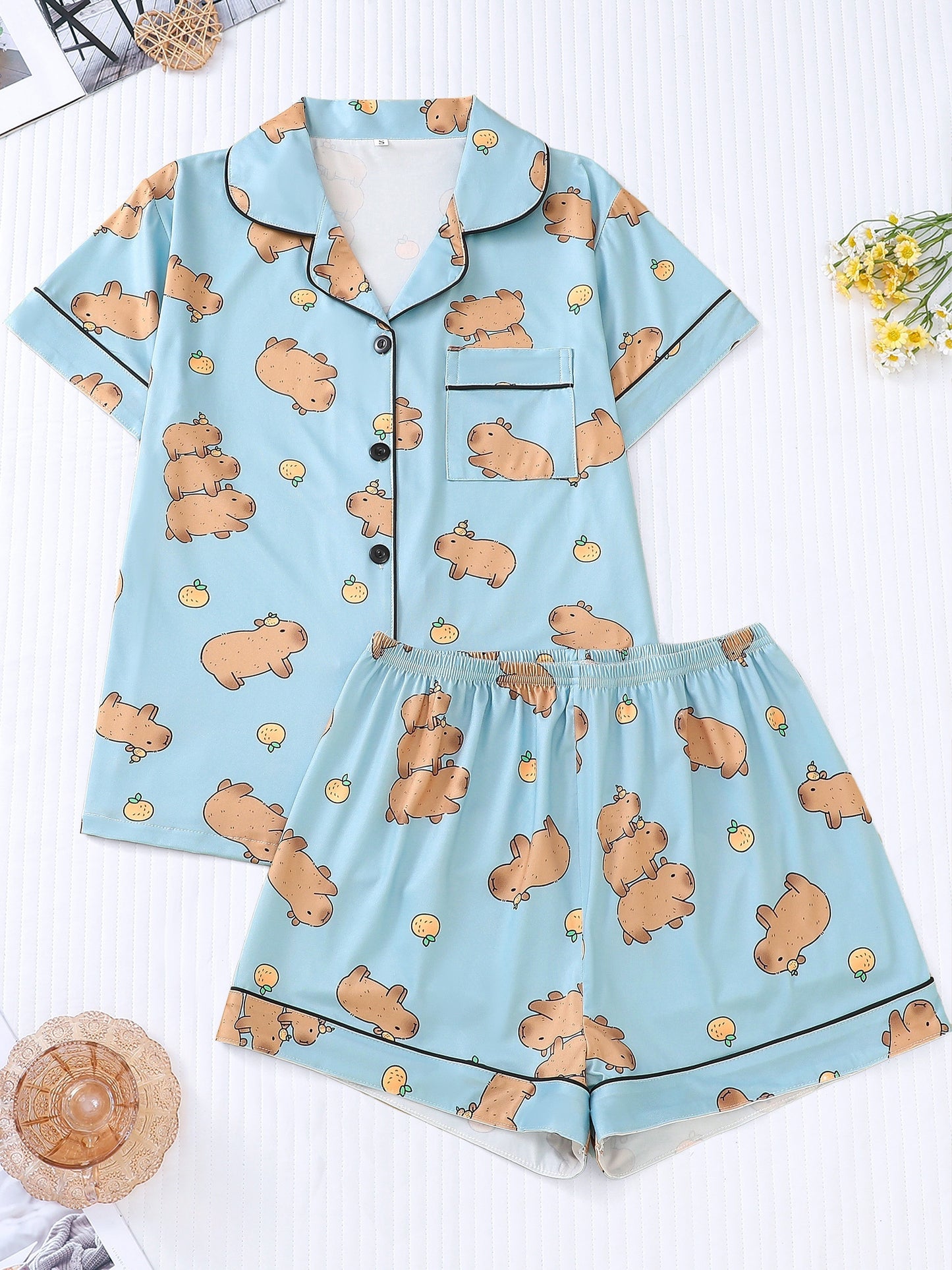 Capybara print satin-look pajama set with piped trim, short sleeve button top and elastic waist shorts in silky stretch fabric — 95% Polyester/5% Elastane