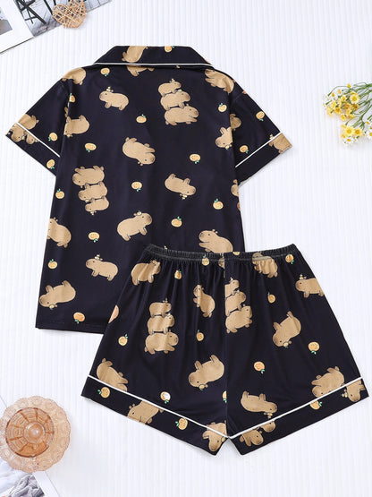 Capybara print satin-look pajama set with piped trim, short sleeve button top and elastic waist shorts in silky stretch fabric — 95% Polyester/5% Elastane