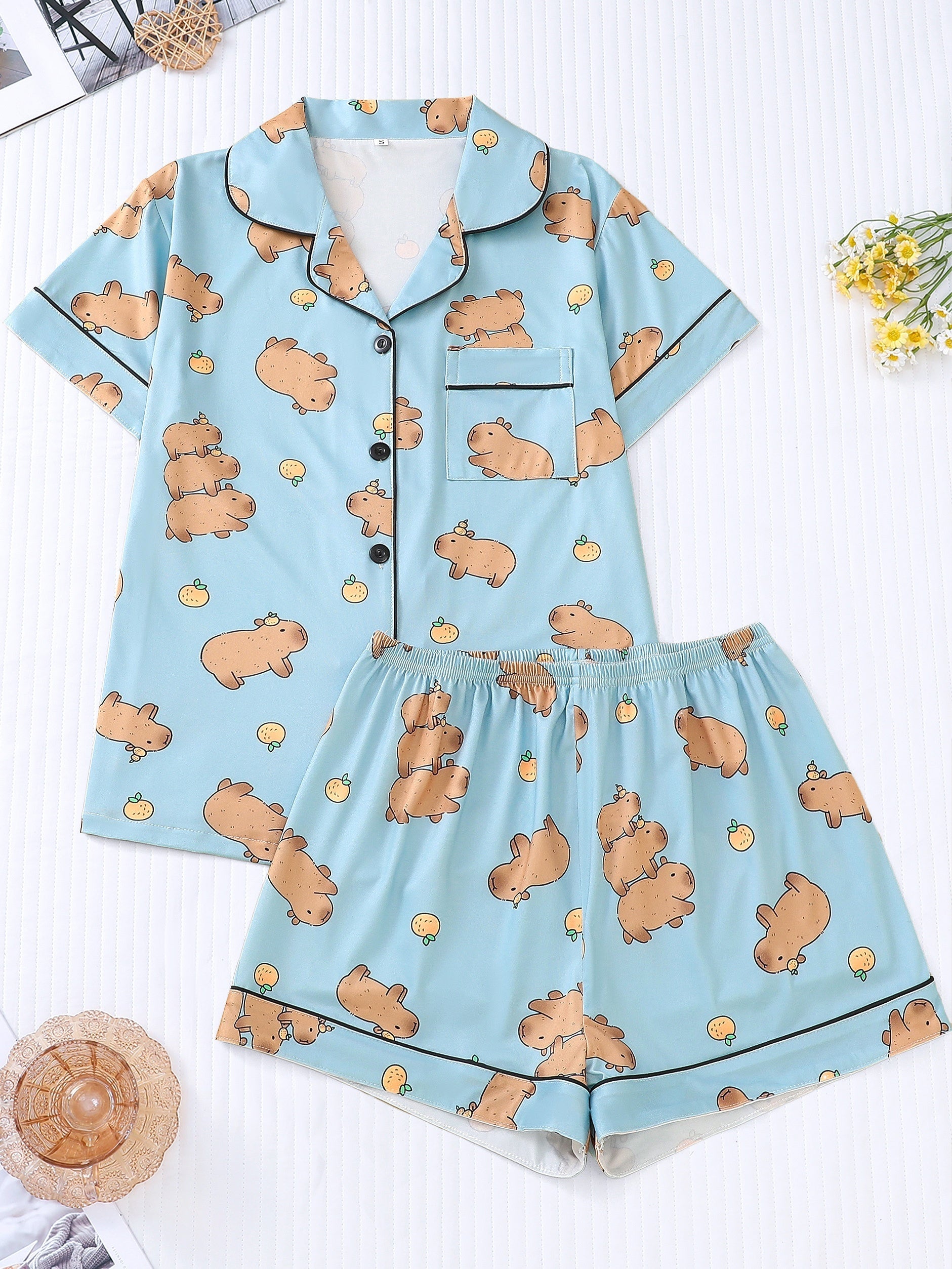 Capybara print satin-look pajama set with piped trim, short sleeve button top and elastic waist shorts in silky stretch fabric — 95% Polyester/5% Elastane
