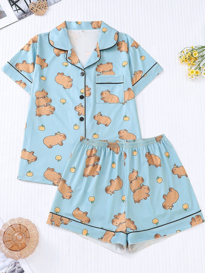 Capybara print satin-look pajama set with piped trim, short sleeve button top and elastic waist shorts in silky stretch fabric — 95% Polyester/5% Elastane